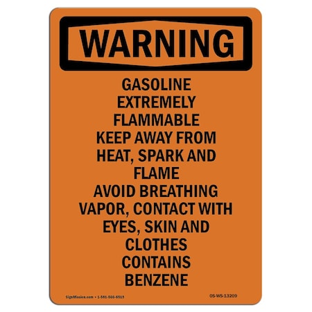 Signmission Safety Sign, OSHA WARNING, 5" Height, Gasoline Extremely Flammable Keep, Portrait OS-WS-D-35-V-13209